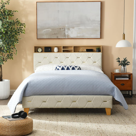 Storage Shelves & USB Charging Ports Headboard, Modern Beige