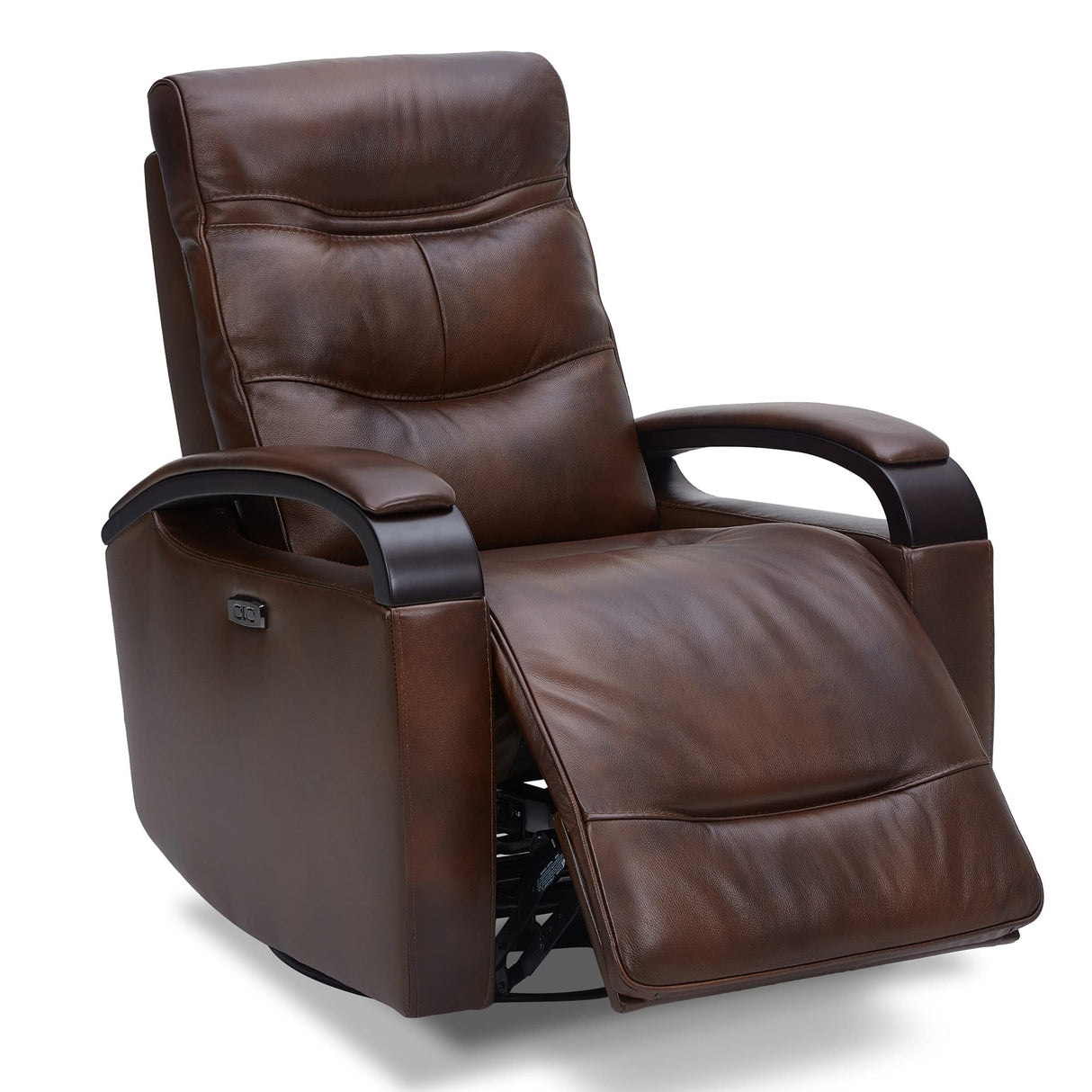 Genuine Leather Power Swivel Glider Rocker Recliner, USB Charge Power Headrest Wooden Contrast