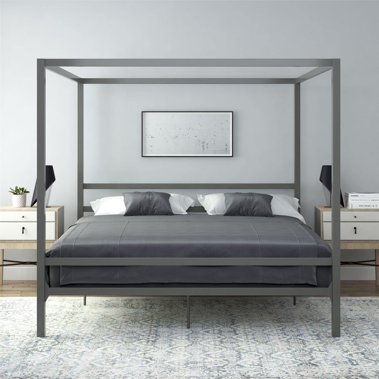 Modern Metal Canopy Platform Bed with Minimalist Headboard and Four Poster Design