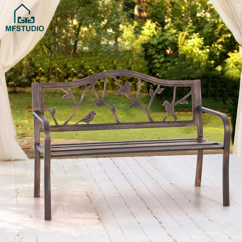 50" Outdoor Garden Bench,Patio Metal Frame Park Bench with Bird Pattern Backrest