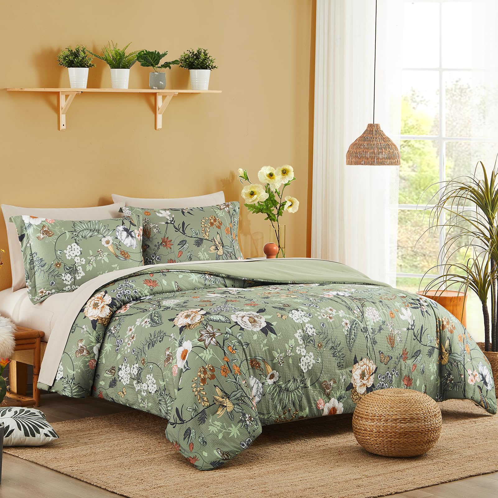 Queen Comforter Set, 7 PCS Green Butterfly Floral Comforter Set