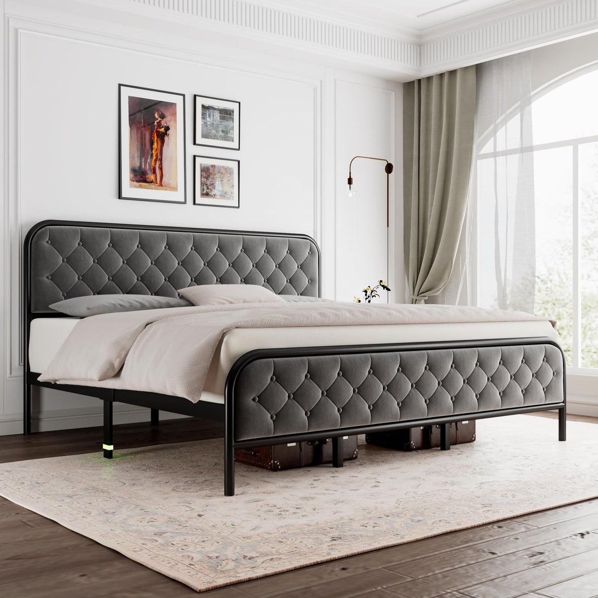 King Size Bed Frame, Upholstered Bed Frame with Diamond Tufted Headboard