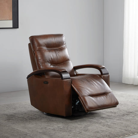 Genuine Leather Power Swivel Glider Rocker Recliner, USB Charge Power Headrest Wooden Contrast