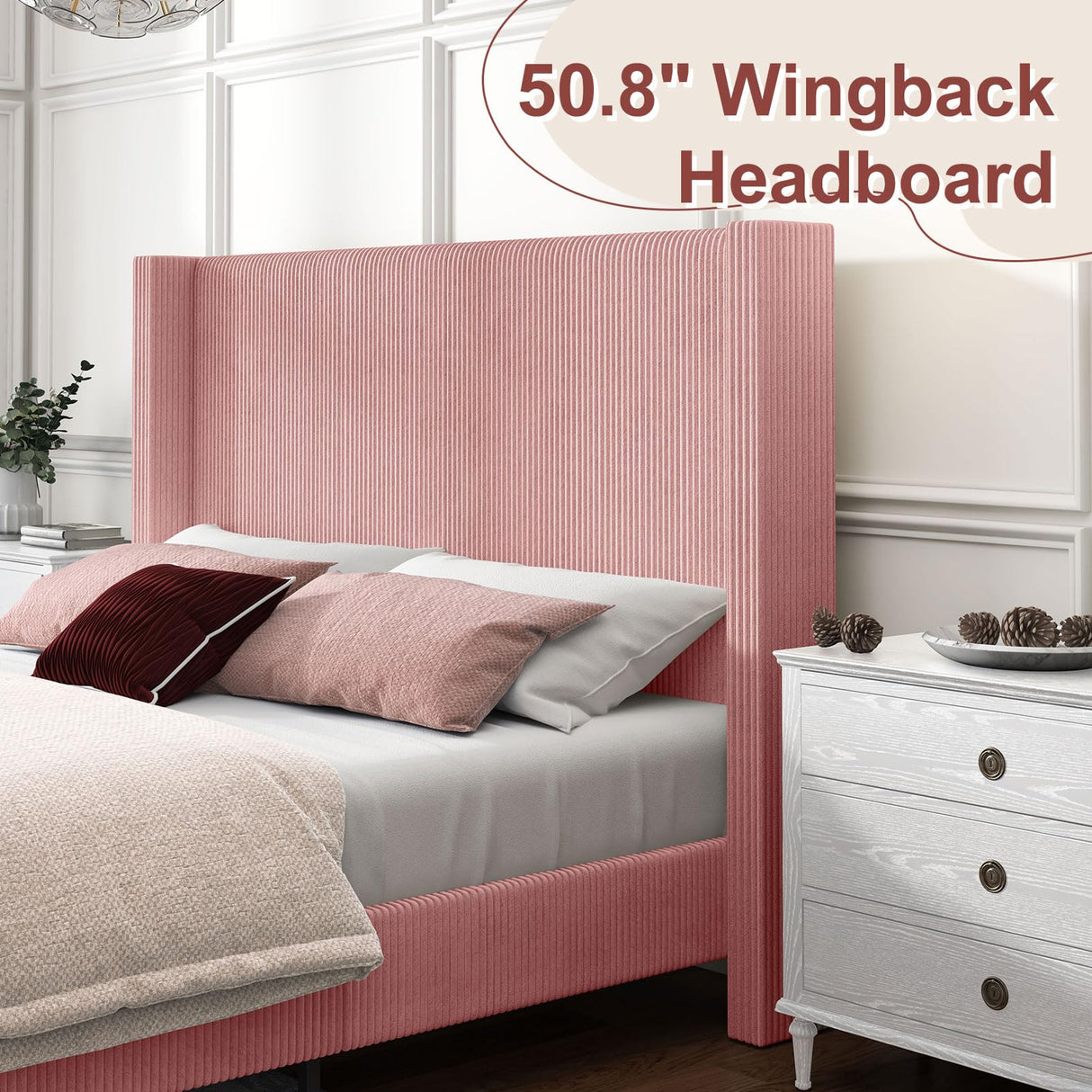 King Size Upholstered Platform Bed Frame, Wingback Bed with 50.8" Headboard