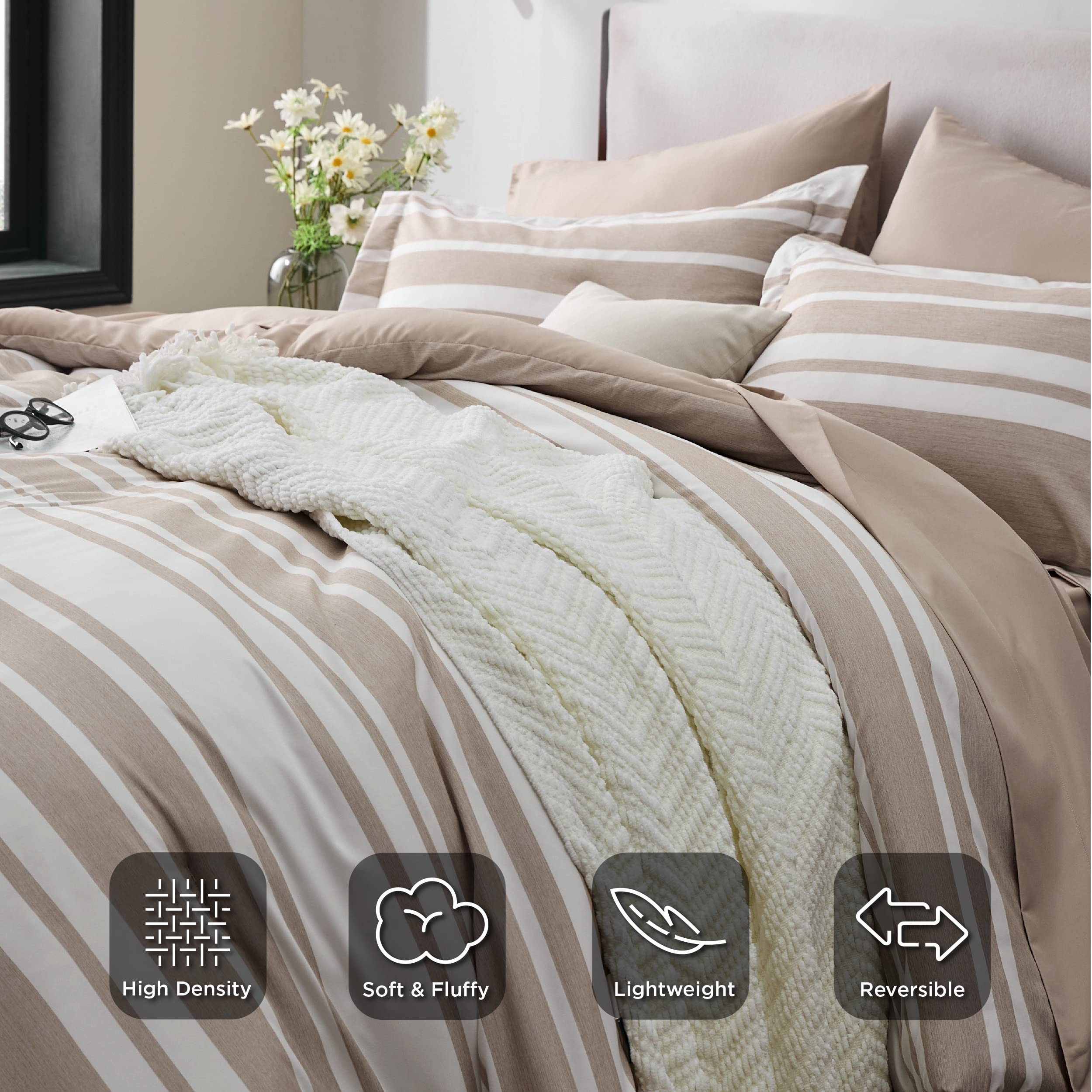 Bed in a Bag Twin Size 5 Pieces, Khaki White Striped Bedding Comforter Sets All Season Bed Set