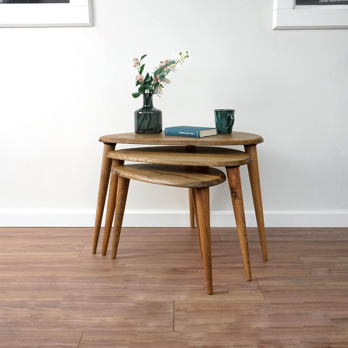 Solid Nesting Table Set of 3- Walnut Mid Century Pebble Tables