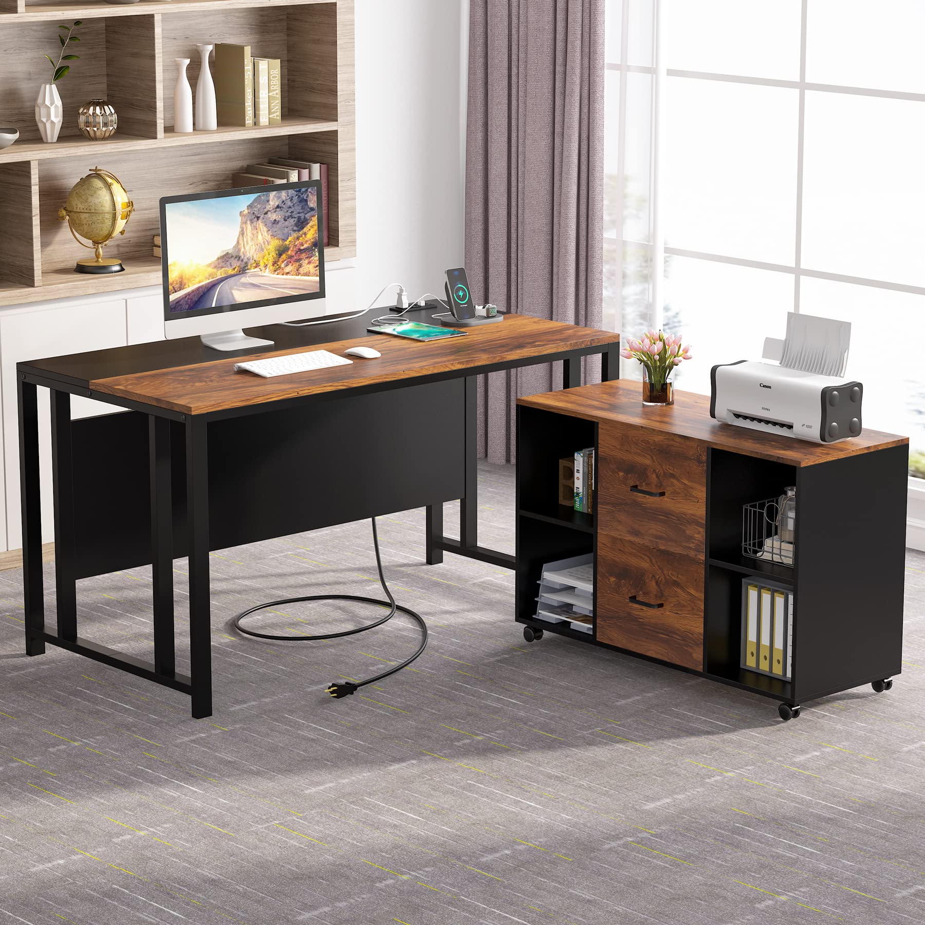 L-Shaped Computer Desk with Power Outlet and Drawer Cabinet
