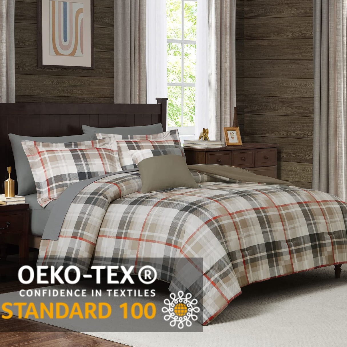 Queen Comforter Set, Plaid Design Comforter Set 7 Pieces