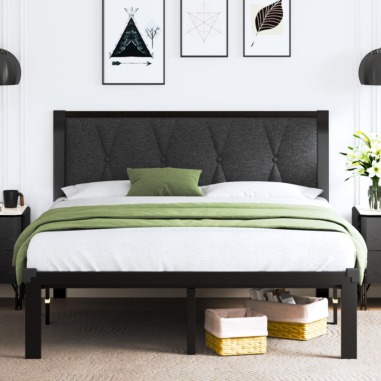 Queen Size Metal Bed Frame with Fabric Button Tufted Headboard, Platform Bed Frame