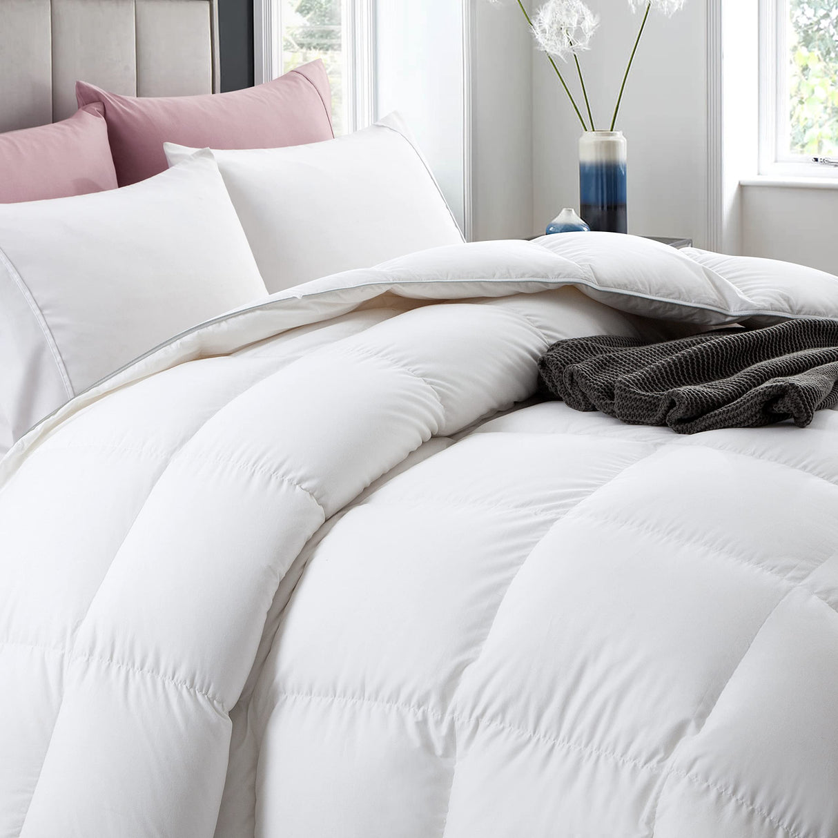 Luxurious Goose Feathers Down Comforter Queen, Ultra-Soft Pima Cotton, Fluffy