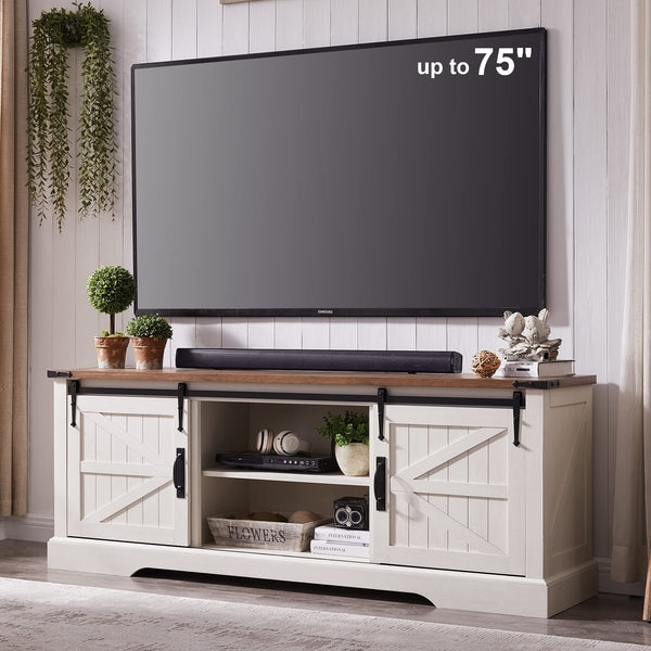 Farmhouse TV Stand for 75 Inch TV with Sliding Barn Door, Rustic Wood Entertainment Center