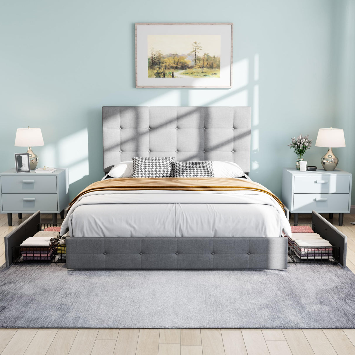 Upholstered Queen Platform Bed Frame with Adjustable Headboard and 4 Drawers Under