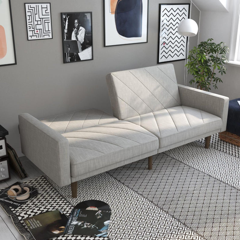 Paxson Convertible Futon Couch Bed with Linen Upholstery and Wood Legs - Light Gray