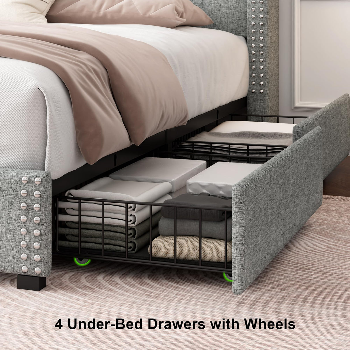 Queen Bed Frame with 4 Storage Drawers, Upholstered Platform Bed Frame