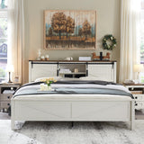 Farmhouse Queen Size Bed Frame with Storage Bookcase Headboard with Sliding Barn