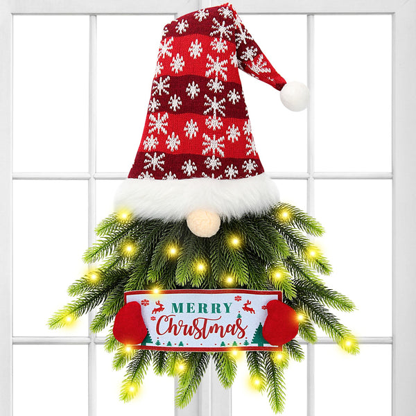 Christmas Wreath for Front Door, Lighted Gnome Christmas Door Wreath, Artificial Santa Xmas