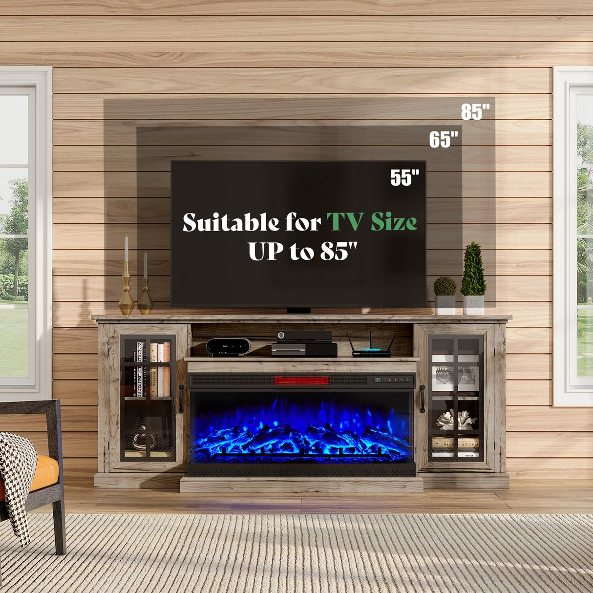 75in 3-Sided Glass Fireplace TV Stand for TVs up to 85"