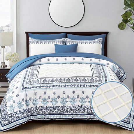 8 Pieces Blue Floral White Tufted Bedding Bed in a Bag Sets