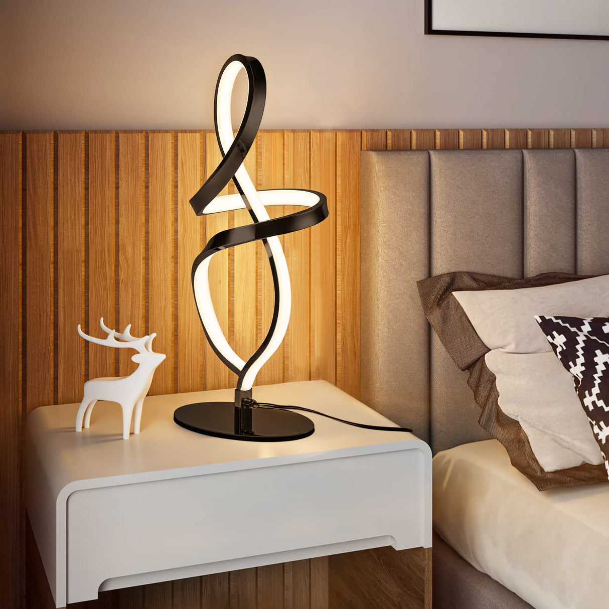 Modern Table Lamp, LED Spiral Lamp, Black Bedside Lamp with Stepless Dimming Switch