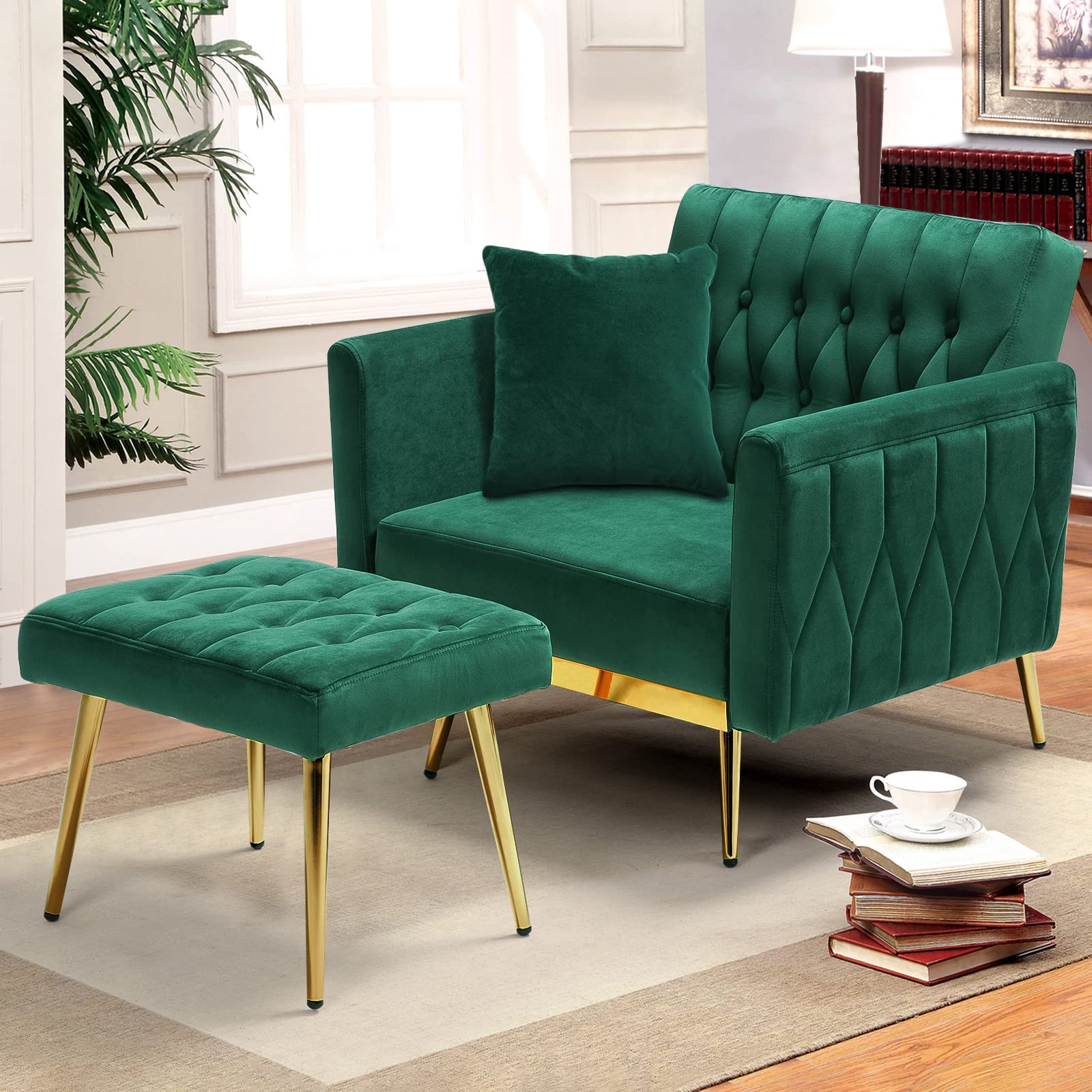 Velvet Accent Chair with Adjustable Armrests and Backrest, Button Tufted Chair