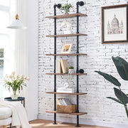 Industrial Bookshelf, 6-Tier Industrial Pipe Bookshelf, Wall Mounted Ladder Shelves