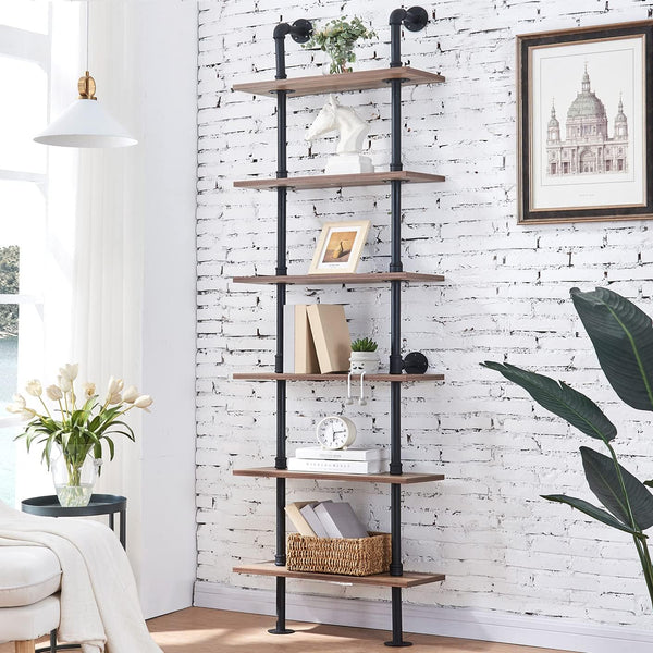 Industrial Bookshelf, 6-Tier Industrial Pipe Bookshelf, Wall Mounted Ladder Shelves