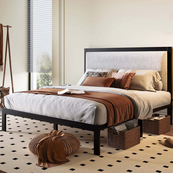 Queen Bed Frame with Tall Upholstered Headboard, Metal Structure, Wood Slat Support