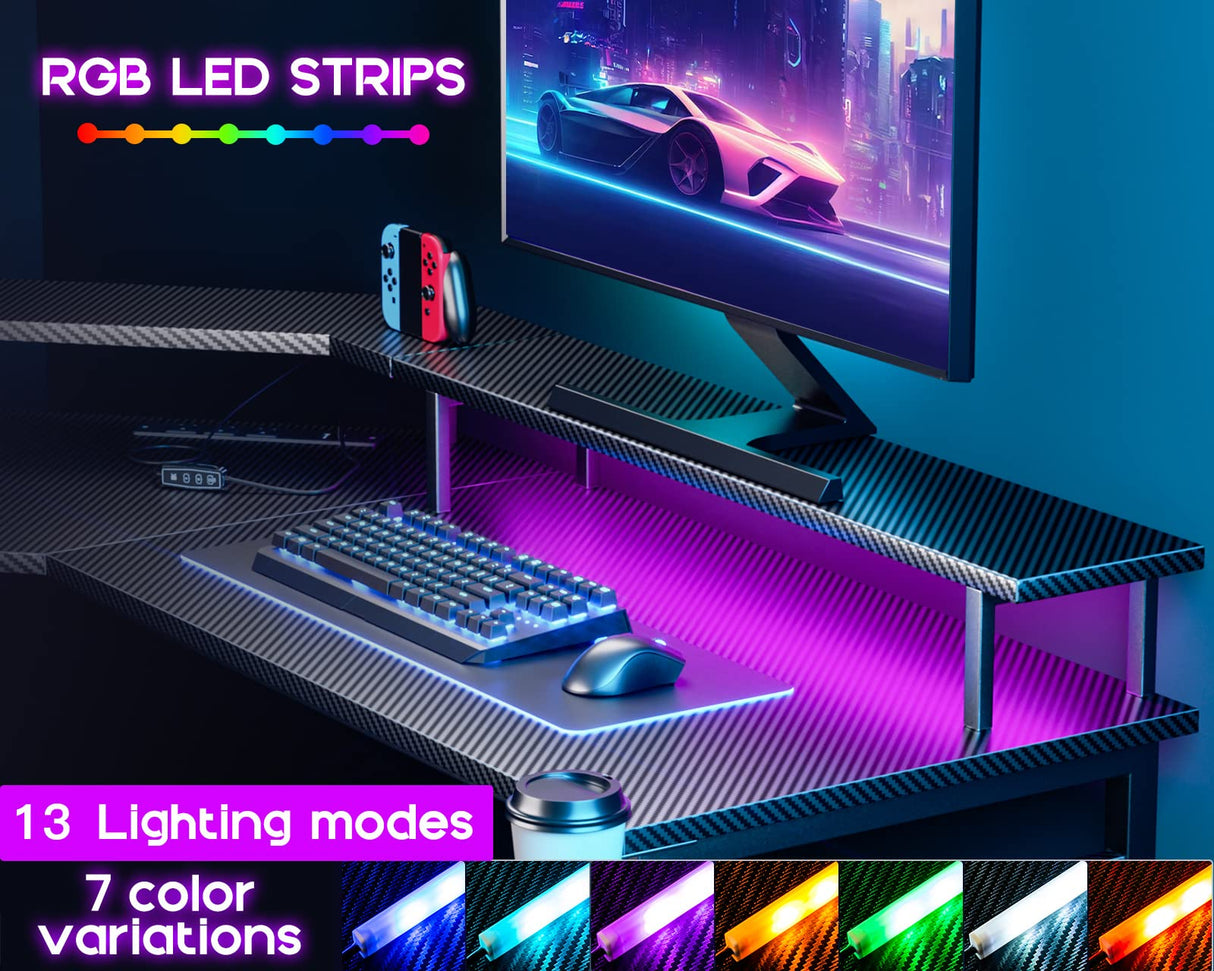 L Shaped Gaming Desk with LED Lights & Power Outlets, 51" Computer Desk