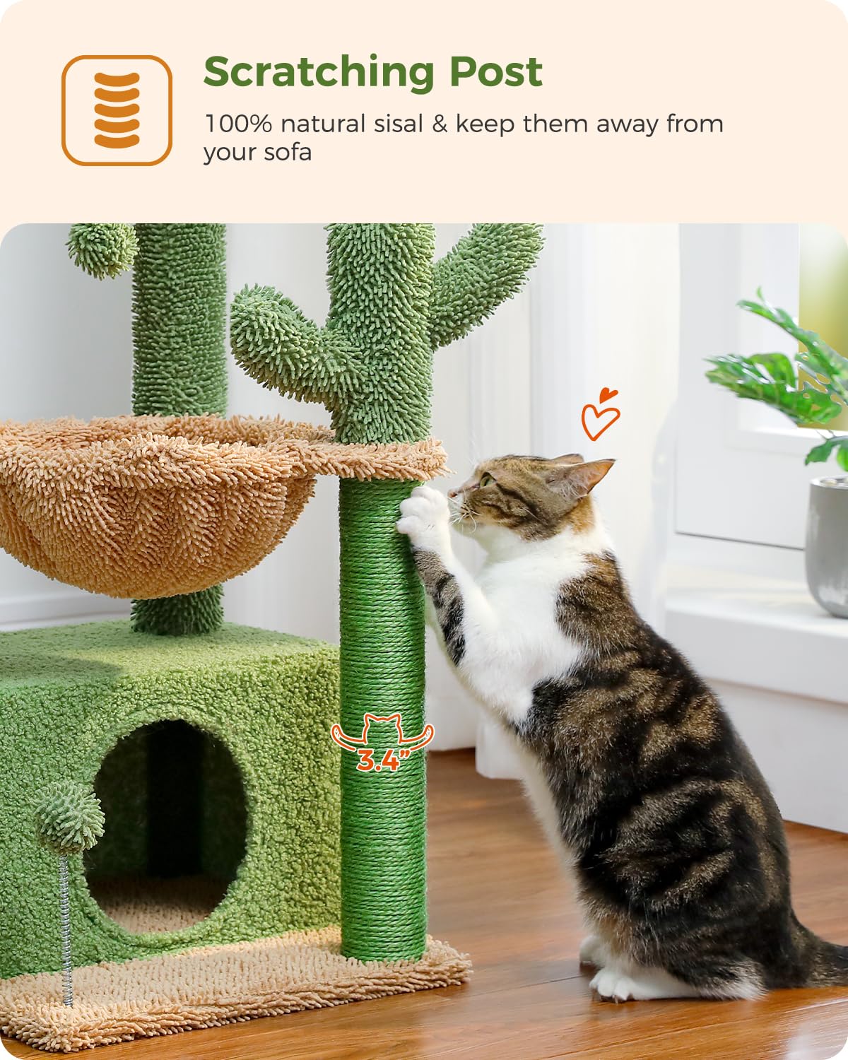 4-in-1 Cactus Cat Tree, 33 Inches Cat Tower for Indoor Cats