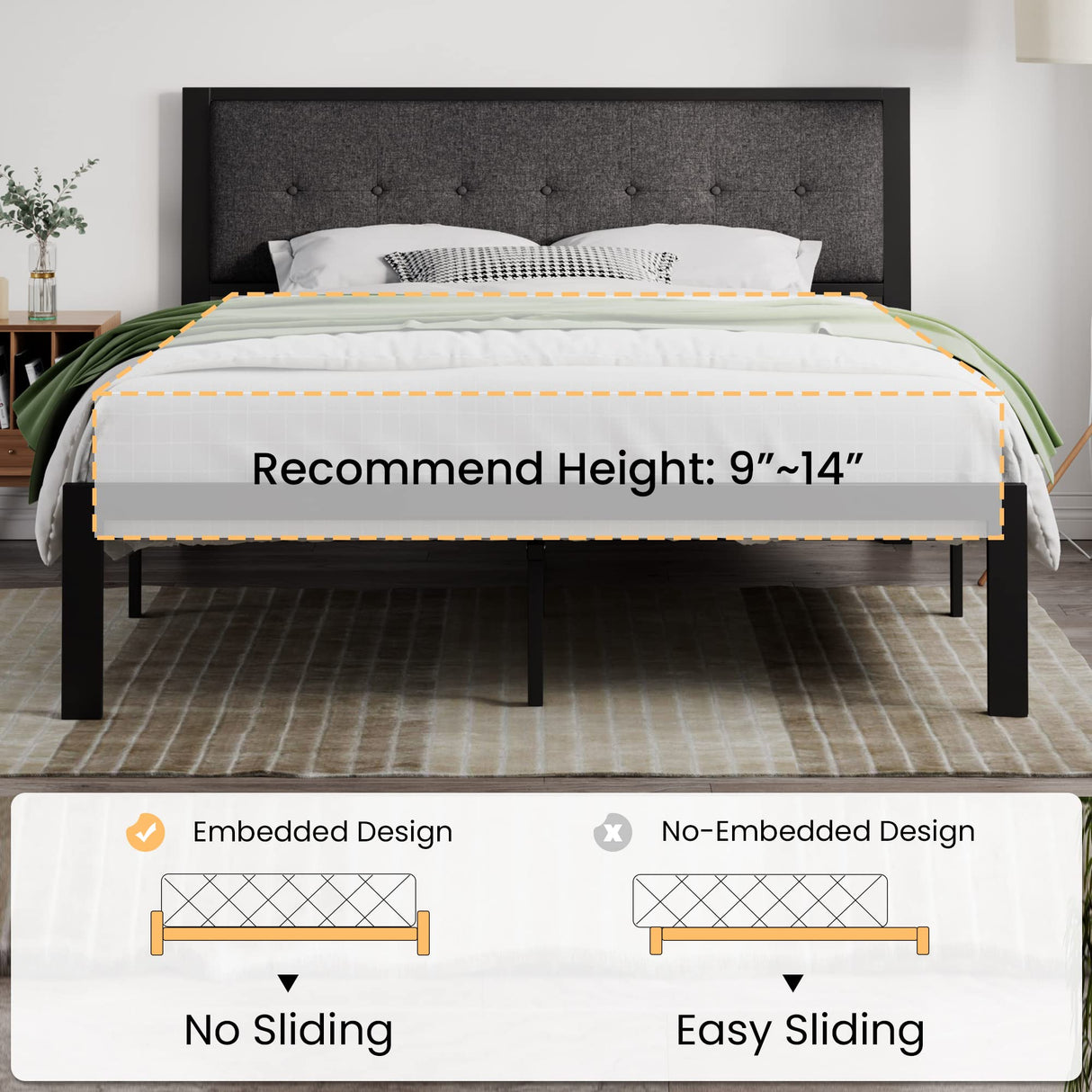 King Size Bed Frame with Upholstered Headboard, Platform Bed Frame with Metal Slats