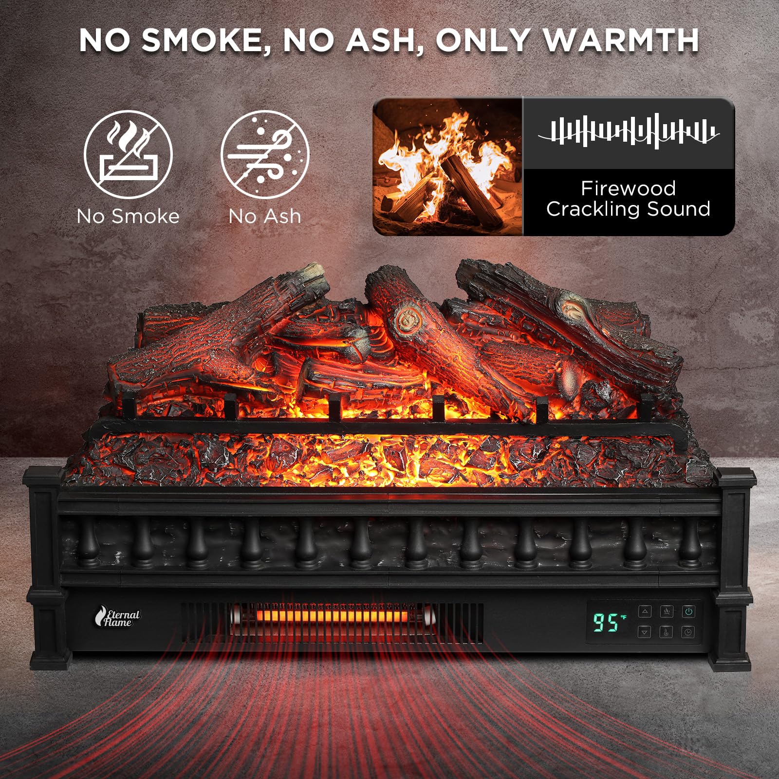 WiFi Infrared Quartz Electric Fireplace Log Heater with Sound Crackling