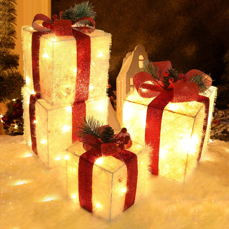 Christmas Lighted Gift Boxes, Set of 4 Light Up Present Boxes, 80 LED Plug in Lighted Xmas Boxes