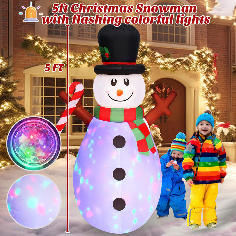 5 FT Christmas Inflatables Snowman with Colorful Rotating Led Lights Outdoor Yard