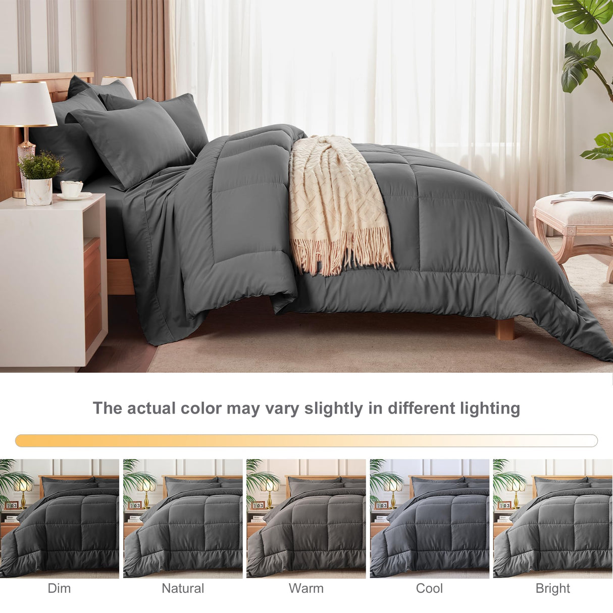 Queen Bed in a Bag - 7 Pieces Dark Grey Comforter Set, Lightweight All Season Ultra