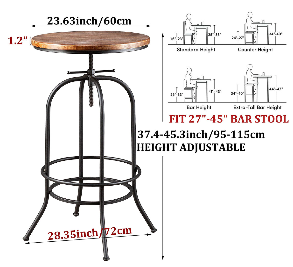 Industrial Bar Table-37.4 Inch-45.3 Inch Tall-Swivel Bistro Pub Table