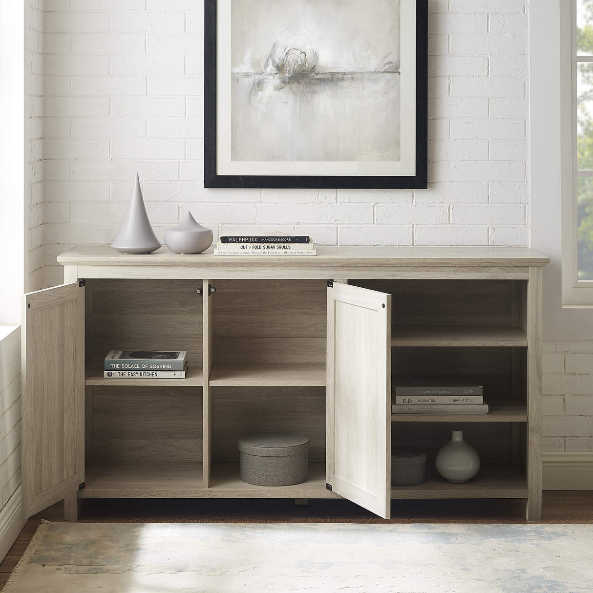 Modern Wood Grooved Buffet Sideboard with Open Storage