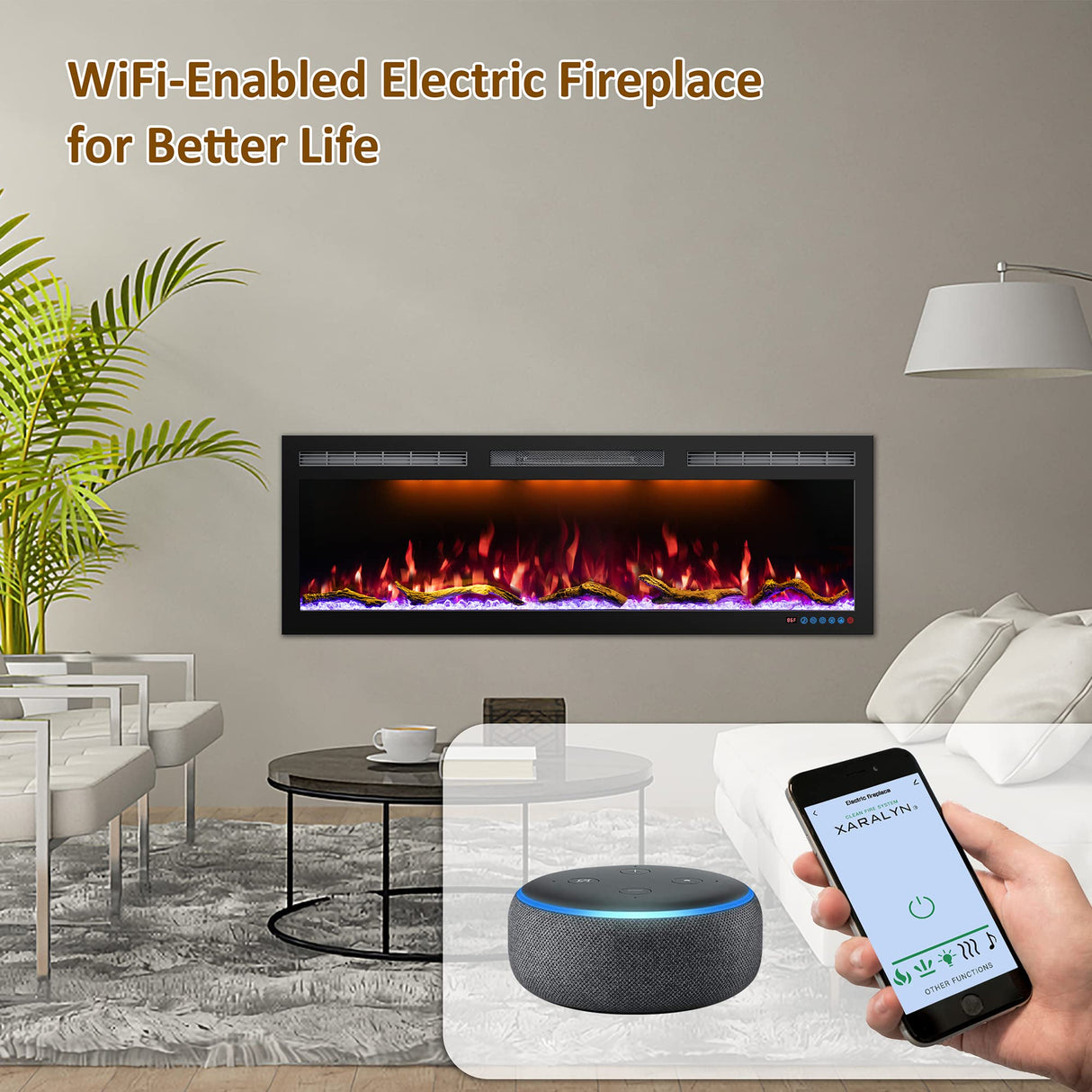 88 Inch WiFi-Enabled Electric Fireplace Inserts & Wall Mounted