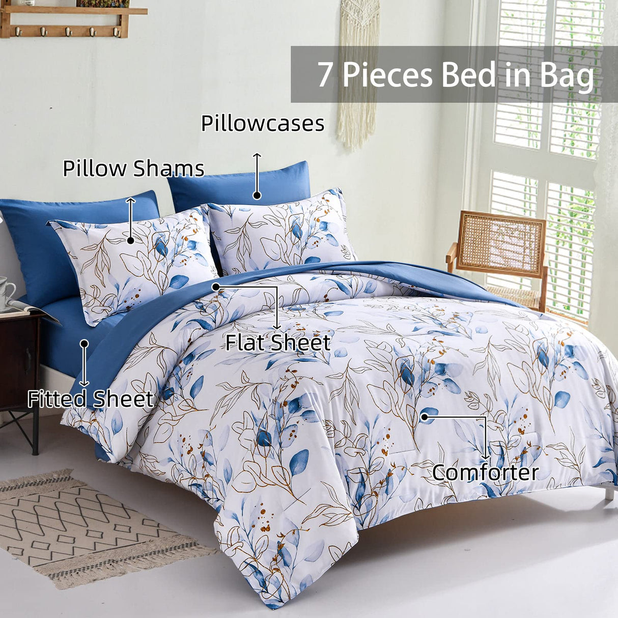 7 Pieces Floral Reversible Bed in a Bag Gold and Blue Leaves Bedding Set