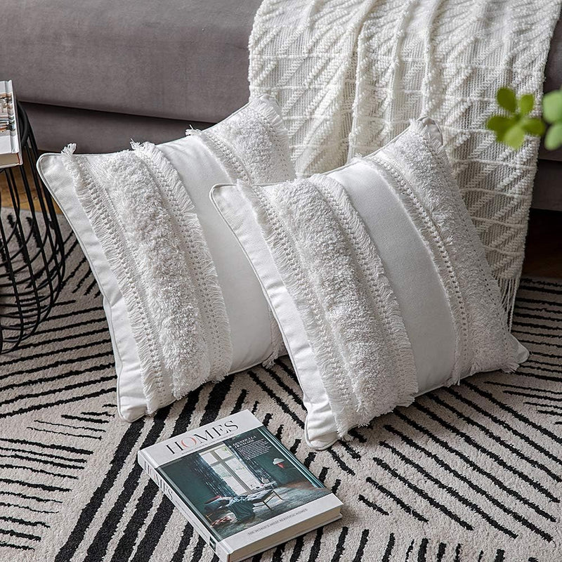 Boho Throw Pillow Covers: 2 Pack 100% Cotton Woven Tufted Decorative Square Pillowcases