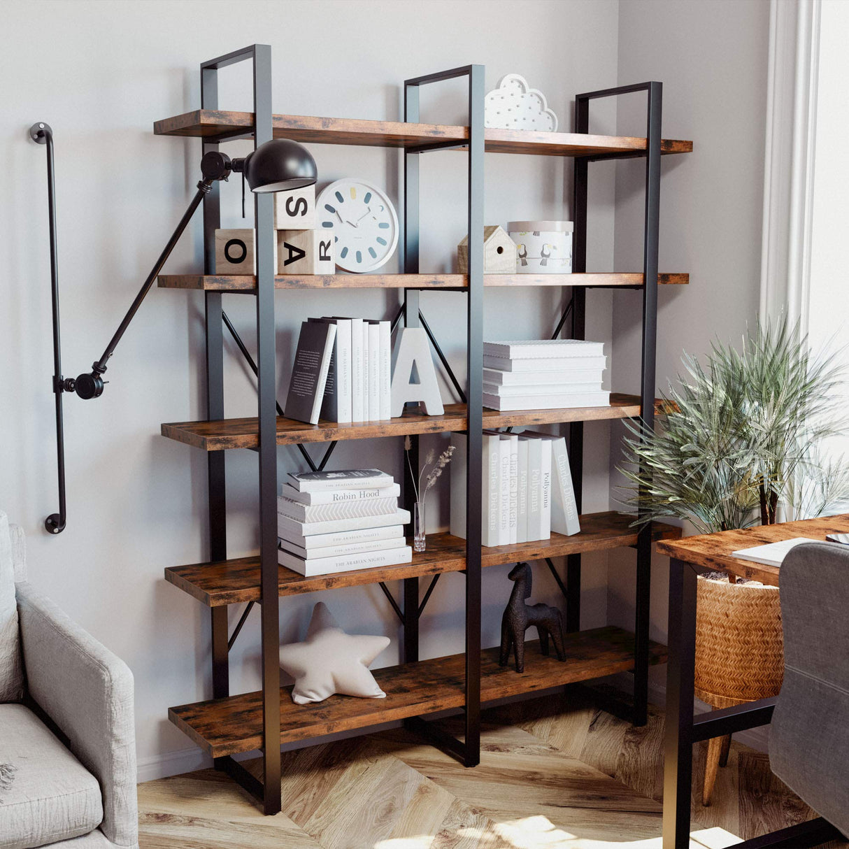 Industrial Bookshelf and Bookcase Double Wide 5 Tier, Large Open Shelves