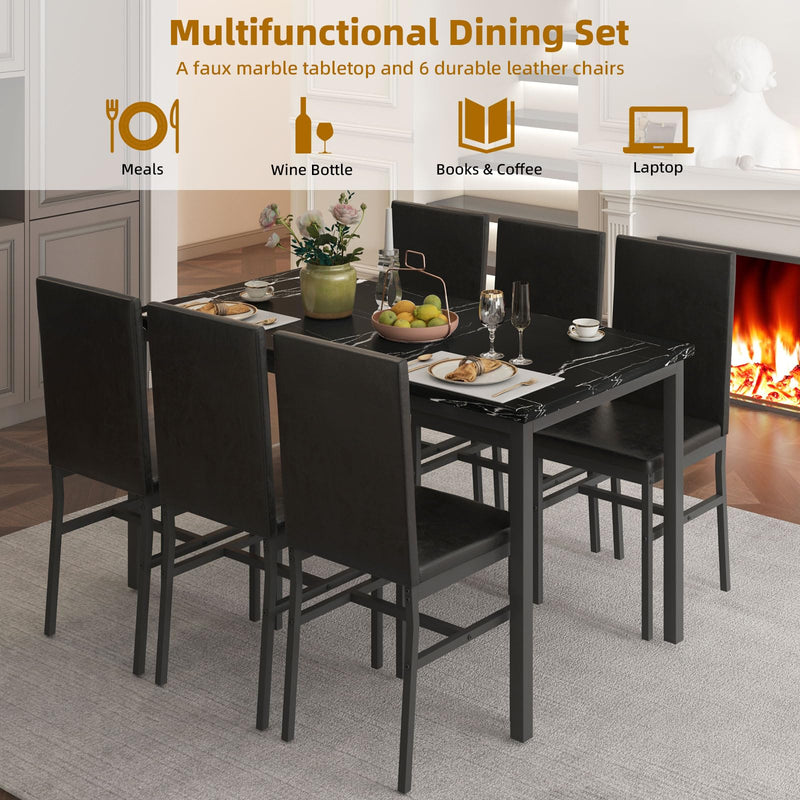 Dining Table Set for 6, Kitchen Table with 6 Chairs, Faux Marble Tabletop