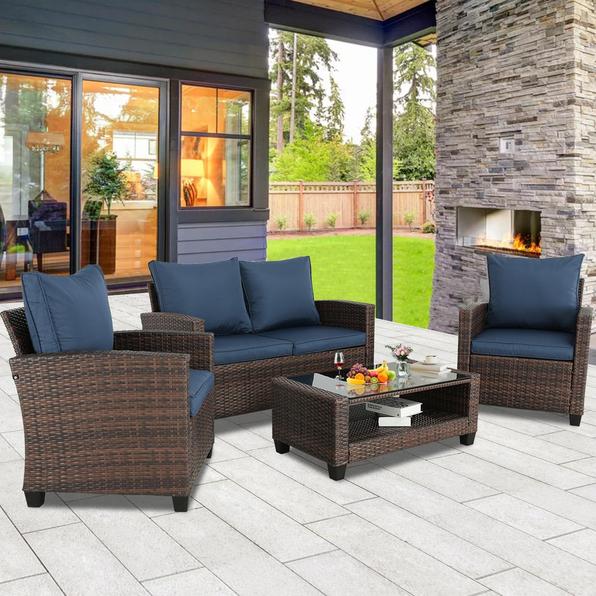 4-Piece Outdoor Patio Furniture Sets Wicker Sofa with Cushions and Coffee Table