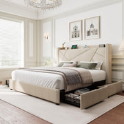 Queen Storage Bed Frame with Type-C & USB Ports and 4 Drawers, Minimalist Geometric