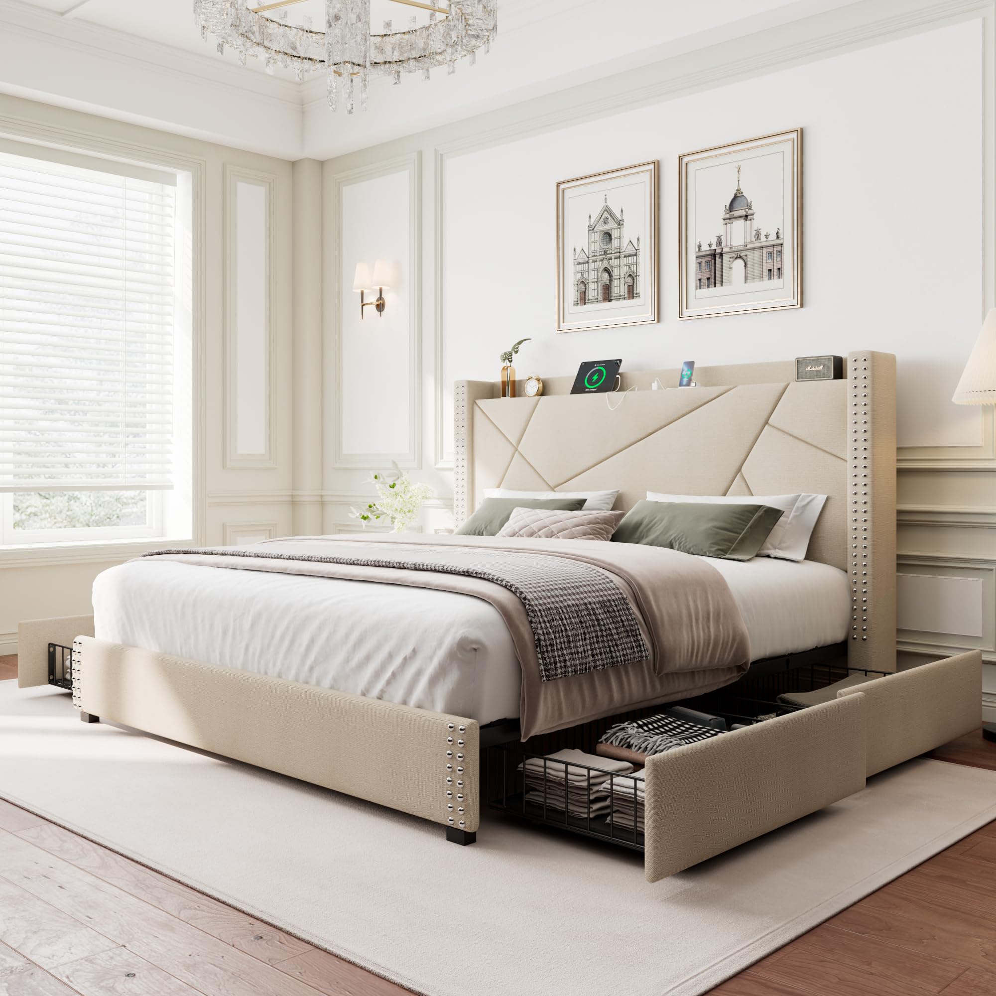 Queen Storage Bed Frame with Type-C & USB Ports and 4 Drawers, Minimalist Geometric