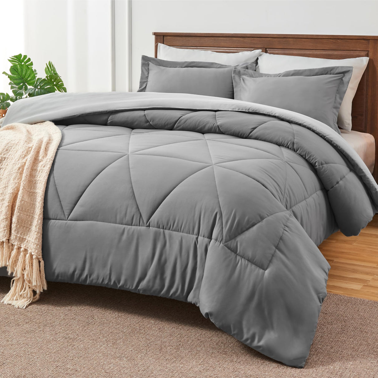 Queen Comforter Set 7 Pieces Bed in A Bag - Soft Microfiber Reversible Grey Bed Set