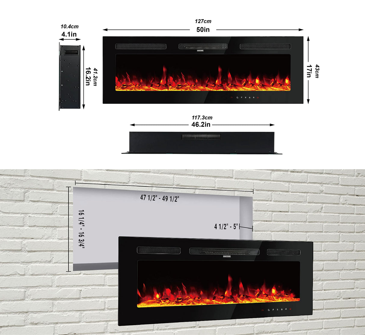 50 Inch Electric Fireplace Inserts Wall Mounted Recessed Fireplace