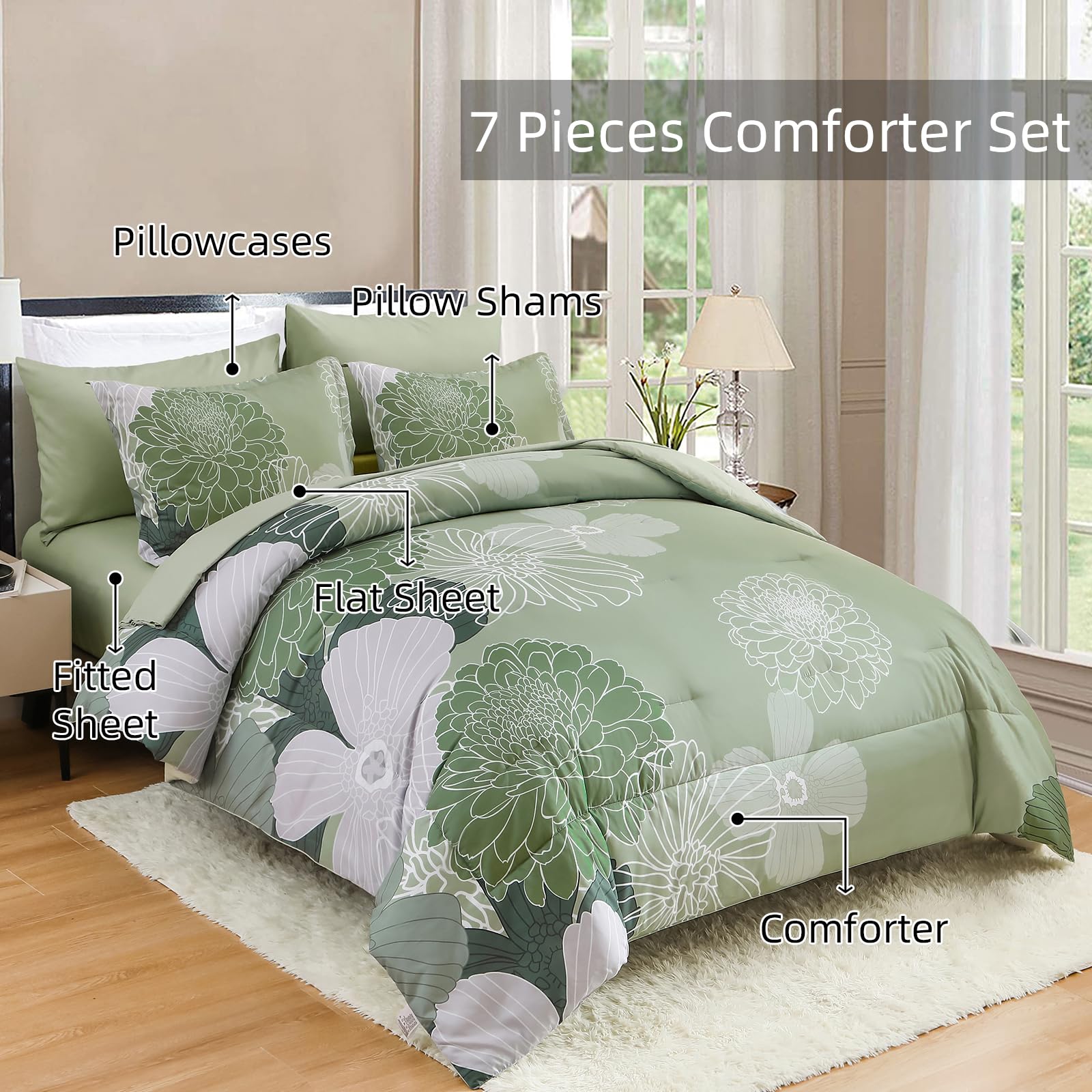Bed in a Bag Green Comforter Set Queen Floral Comforter Soft Microfiber Bedding