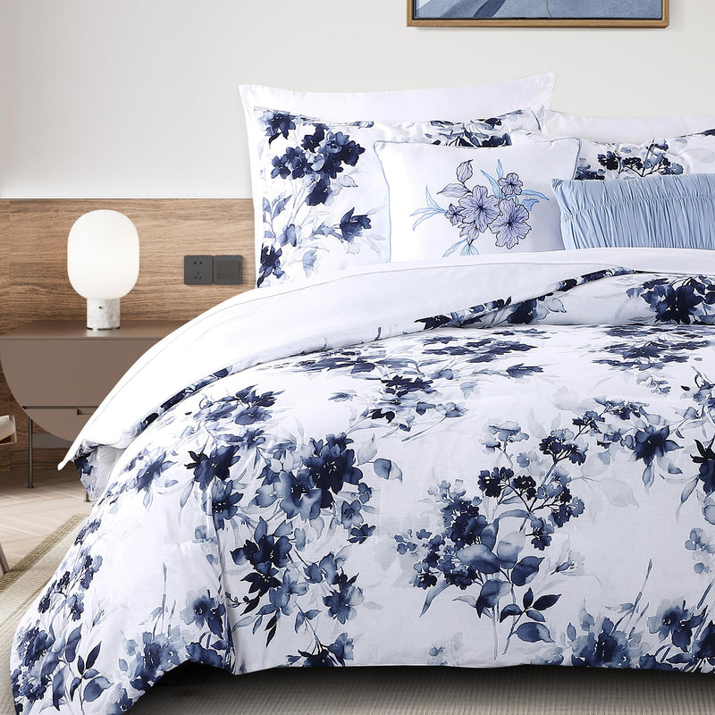 Cotton Comforter Set Queen Size, 5 Pieces Navy Blue and White Queen Floral Comforter