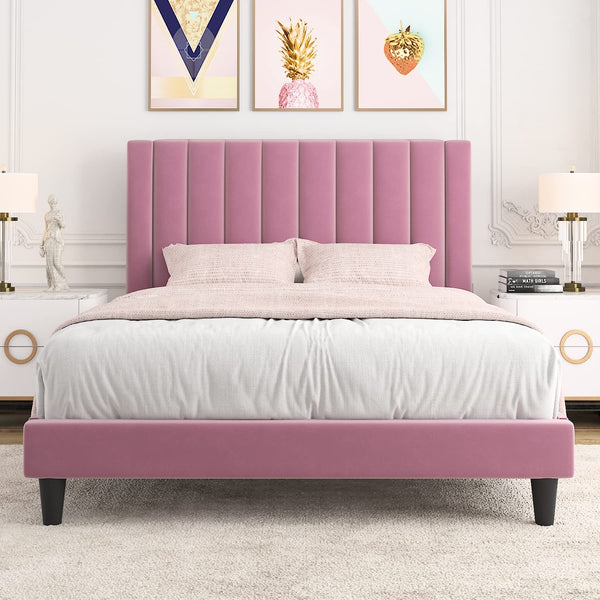 Full Bed Frame/Velvet Upholstered Bed Frame with Vertical Channel