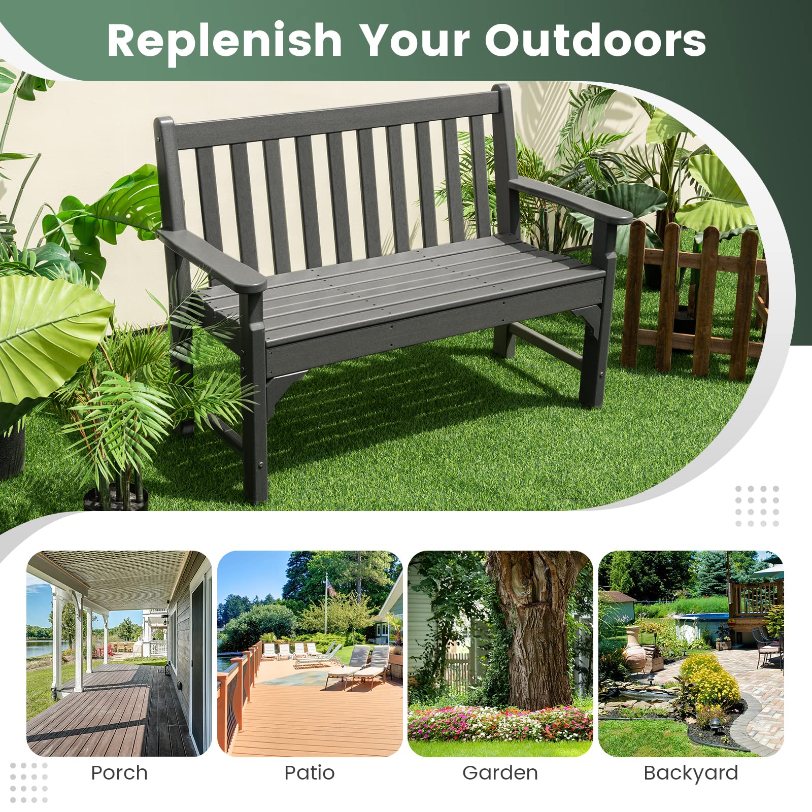 Outdoor Patio Garden Bench - All-Weather HDPE Patio Bench with Backrest